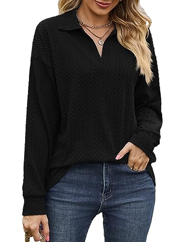 ABYOVRT Bluse Damen V-Ausschnitt Langarm Streifen Solide Casual Tunika Lässige Oberteile Lockere Langarmshirt Tops Tuniken Elegant für Damen,Schwarz,XL von ABYOVRT