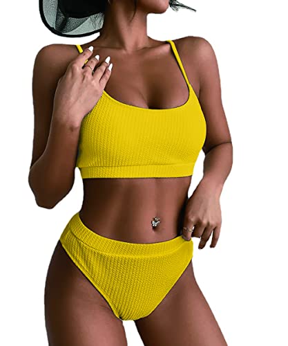 ABYOVRT Damen Bikini Bademode Hohe Taille Sommer Strand Swimsuit Bikini-Set Push Up Vintage Strandmode Zweiteiliger Swimwear 2023,Gelb,L von ABYOVRT