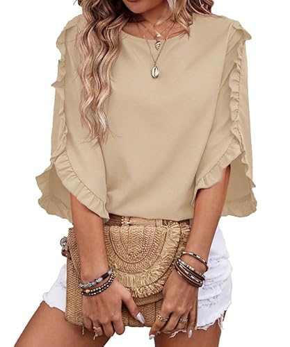 ABYOVRT Damen Bluse 3/4 Ärmel Oberteile Tunika Rundhal Tops Locker Blusenshirt Lässige T-Shirt Langarm Hemd,Aprikose,L von ABYOVRT