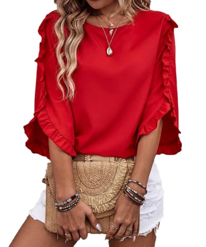 ABYOVRT Damen Bluse 3/4 Ärmel Oberteile Tunika Rundhal Tops Locker Blusenshirt Lässige T-Shirt Langarm Hemd,Rot,L von ABYOVRT