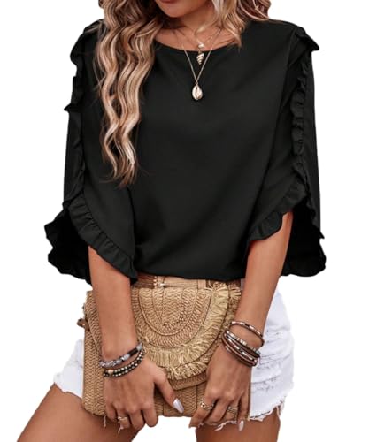 ABYOVRT Damen Bluse 3/4 Ärmel Oberteile Tunika Rundhal Tops Locker Blusenshirt Lässige T-Shirt Langarm Hemd,Schwarz,M von ABYOVRT
