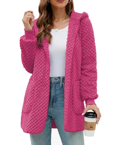 ABYOVRT Damen Hoodie Jacke Oversize Fleecemantel Winter Plüschjacke Langarm Wintermantel Lang Warm Cardigan Kapuzenpullover Sweatshirt Strickjacke Kapuzenjacke Winterjacke mit Taschen,Rosa,XL von ABYOVRT