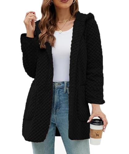 ABYOVRT Damen Hoodie Jacke Oversize Fleecemantel Winter Plüschjacke Langarm Wintermantel Lang Warm Cardigan Kapuzenpullover Sweatshirt Strickjacke Winterjacke mit Taschen,Schwarz,XXL von ABYOVRT