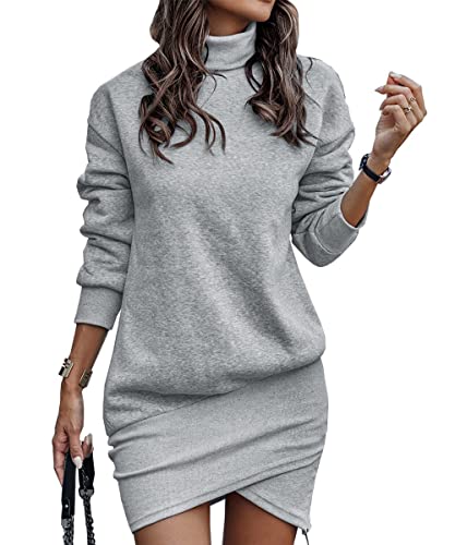 ABYOVRT Damen Kapuzenpullover Kleider Lang Rollkragen Warm Pulloverkleid Plüsch Sweatkleid Langarm Sweatshirt Freizeitkleid Herbst Winter,Grau,L von ABYOVRT