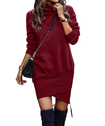 ABYOVRT Strickkleid Damen Kleider Lang Rollkragen Pulloverkleid Sweatkleid Langarm Sweatshirt Pullikleid Herbst Winter,Weinrot,M von ABYOVRT