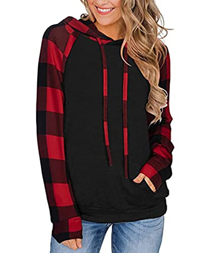 ABYOVRT Damen Kapuzenpullover Langarm Pullover Pulli Freizeit Sport Hoodie Kapuzenpulli Sweatshirt Plaid Sweater Top Oberteie,Plaid Rot,S von ABYOVRT