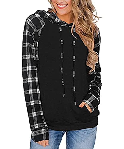 ABYOVRT Damen Kapuzenpullover Langarm Pullover Pulli Freizeit Sport Hoodie Kapuzenpulli Sweatshirt Plaid Sweater Top Oberteie,Plaid Schwarz,L von ABYOVRT