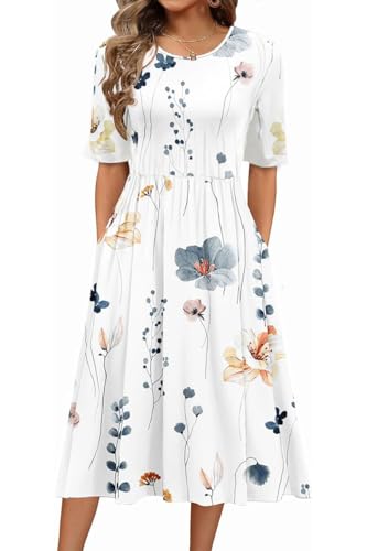 ABYOVRT Damen Kleider Kurzarm Lose Sommerkleid Lang Freizeitkleid Bohe Midikleid für Rundhals Strandkleid Blumenkleid mit Taschen,L von ABYOVRT