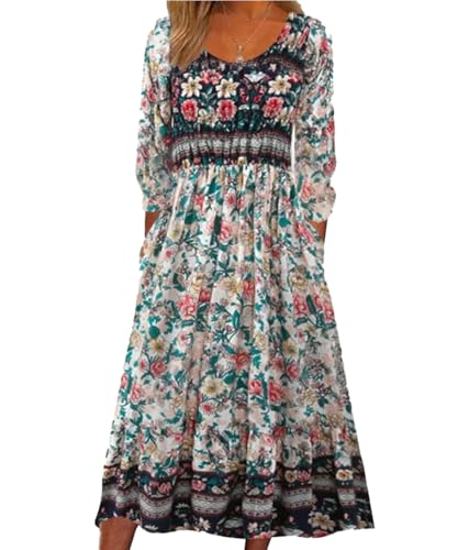 ABYOVRT Damen Kleider Lose Freizeitkleid Langarm Boho Kleid Rundhals A-Linie Kleid Lang Strandkleid Blumenkleid Midi Kleid mit Tasche,Langarm Boho Blume 1,L von ABYOVRT