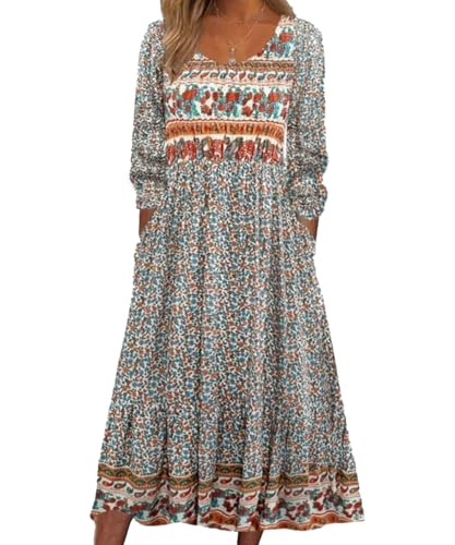 ABYOVRT Damen Kleider Lose Freizeitkleid Langarm Boho Kleid Rundhals A-Linie Kleid Lang Strandkleid Blumenkleid Midi Kleid mit Tasche,Langarm Boho Blume 2,XXL von ABYOVRT