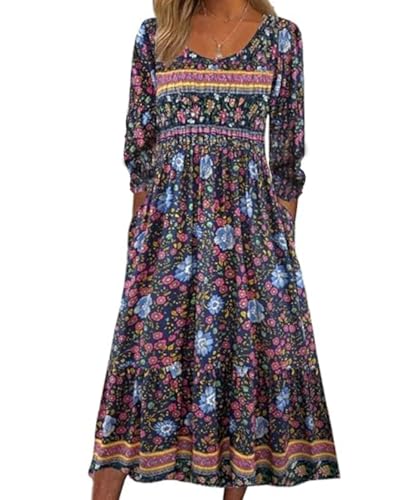 ABYOVRT Damen Kleider Lose Freizeitkleid Langarm Boho Kleid Rundhals A-Linie Kleid Lang Strandkleid Blumenkleid Midi Kleid mit Tasche,Langarm Boho Blume 3,S von ABYOVRT