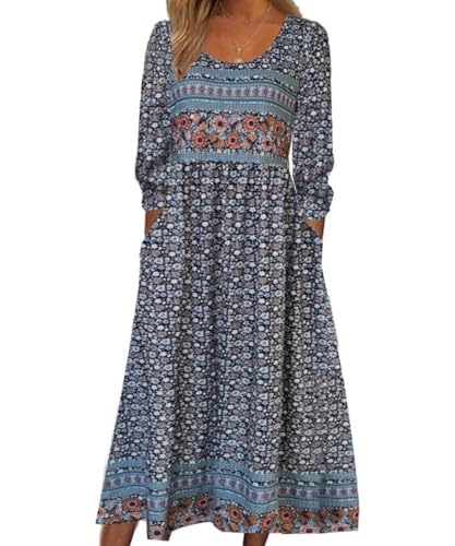 ABYOVRT Damen Kleider Lose Freizeitkleid Langarm Boho Kleid Rundhals A-Linie Kleid Lang Strandkleid Blumenkleid Midi Kleid mit Tasche,Langarm Boho Blume 6,XL von ABYOVRT