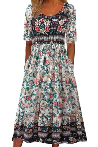 ABYOVRT Damen Kleider Lose Sommerkleid Lang Freizeitkleid Bohe Maxikleid für Rundhals Strandkleid Blumenkleid mit Taschen,L von ABYOVRT