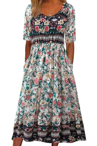 ABYOVRT Damen Kleider Lose Sommerkleid Lang Freizeitkleid Bohe Midikleid für Rundhals Strandkleid Blumenkleid Midi Kleid mit Taschen,M von ABYOVRT