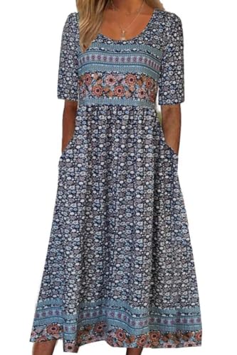ABYOVRT Damen Kleider Lose Sommerkleid Lang Freizeitkleid Bohe Midikleid für Rundhals Strandkleid Blumenkleid Midi Kleid mit Taschen,XL von ABYOVRT