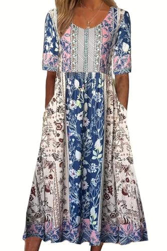 ABYOVRT Damen Kleider Lose Sommerkleid Lang Freizeitkleid Bohe Midikleid für Rundhals Strandkleid Blumenkleid Midi Kleid mit Taschen,L von ABYOVRT