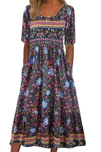 ABYOVRT Damen Kleider Lose Sommerkleid Lang Freizeitkleid Bohe Midikleid für Rundhals Strandkleid Blumenkleid Midi Kleid mit Taschen,XXL von ABYOVRT