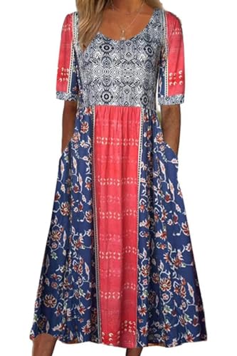 ABYOVRT Damen Kleider Lose Sommerkleid Lang Freizeitkleid Bohe Midikleid für Rundhals Strandkleid Blumenkleid Midi Kleid mit Taschen,XXL von ABYOVRT