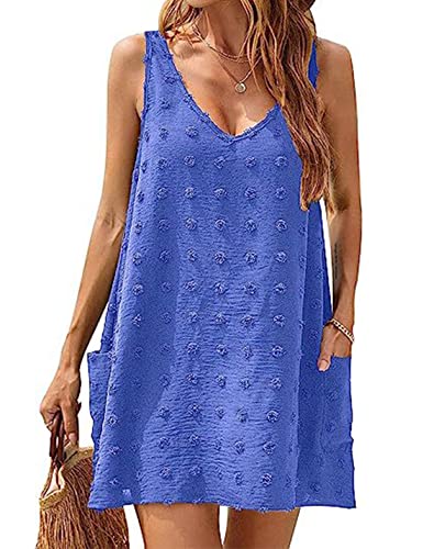 ABYOVRT Damen Kleider Sommer Bikini Pareos Ärmellos Chiffon Mini Strandkleider V Ausschnitt Kurz Kleid Sommerkleid Mit Taschen,Blau,M von ABYOVRT