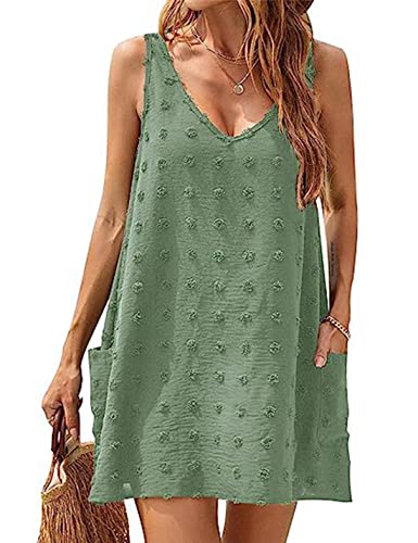 ABYOVRT Damen Kleider Sommer Bikini Pareos Ärmellos Chiffon Mini Strandkleider V Ausschnitt Kurz Kleid Sommerkleid Mit Taschen,Grün,L von ABYOVRT