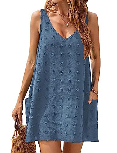 ABYOVRT Damen Kleider Sommer Bikini Pareos Ärmellos Chiffon Mini Strandkleider V Ausschnitt Kurz Kleid Sommerkleid Mit Taschen,Marine blau,L von ABYOVRT