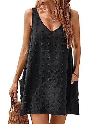 ABYOVRT Damen Kleider Sommer Bikini Pareos Ärmellos Chiffon Mini Strandkleider V Ausschnitt Kurz Kleid Sommerkleid Mit Taschen,Schwarz,L von ABYOVRT