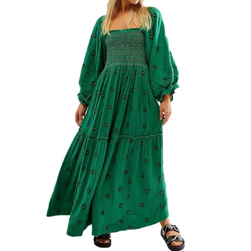 ABYOVRT Damen-Maxikleid mit Blumenstickerei, lange Puffärmel, quadratischer Ausschnitt, Bohemian-Kleid mit Taschen, Sommer, Herbst, Dunkelgrün, Mittel von ABYOVRT