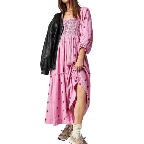 ABYOVRT Damen-Maxikleid mit Blumenstickerei, lange Puffärmel, quadratischer Ausschnitt, Bohemian-Kleid mit Taschen, Sommer, Herbst, Pink, Klein von ABYOVRT