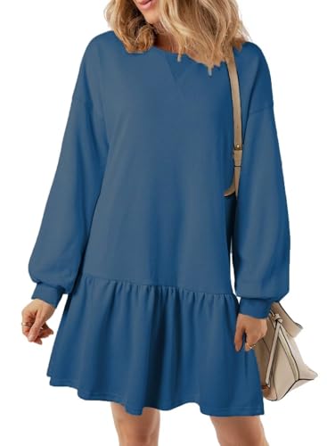 ABYOVRT Damen Pulloverkleid Winter Langarm Rundhalsausschnitt Strickkleid Hohe Taille A-Linie Elegant Kurzkleid Casual Minikleid Sweatshirt Freizeitkleid,Blau,M von ABYOVRT