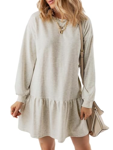 ABYOVRT Damen Pulloverkleid Winter Langarm Rundhalsausschnitt Strickkleid Hohe Taille A-Linie Elegant Kurzkleid Casual Minikleid Sweatshirt Freizeitkleid,Hellgrau,L von ABYOVRT