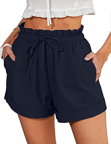 ABYOVRT Damen Shorts Kordelzug Stretch Weite Lose Casual Sommer Lockere Shorts Solid Color Beiläufige Mädchen Kurze Hose mit Taschen,Blau,M von ABYOVRT