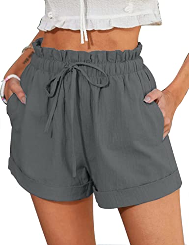 ABYOVRT Damen Shorts Kordelzug Stretch Weite Lose Casual Sommer Lockere Shorts Solid Color Beiläufige Mädchen Kurze Hose mit Taschen,Grau,XL von ABYOVRT