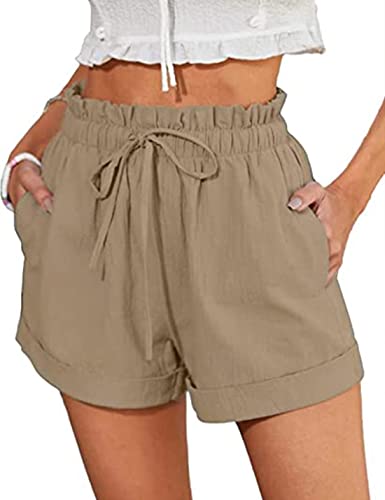 ABYOVRT Damen Shorts Kordelzug Stretch Weite Lose Casual Sommer Lockere Shorts Solid Color Beiläufige Mädchen Kurze Hose mit Taschen,Khaki,S von ABYOVRT