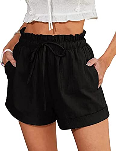 ABYOVRT Damen Shorts Kordelzug Stretch Weite Lose Casual Sommer Lockere Shorts Solid Color Beiläufige Mädchen Kurze Hose mit Taschen,Schwarz,L von ABYOVRT