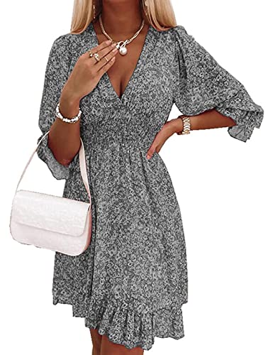 ABYOVRT Damen Sommerkleid Böhmen Kleider Beiläufig Frauenkleid Minikleid Swing Kurze Ärmel Strandkleider Freizeitkleider,A-Grau,L von ABYOVRT