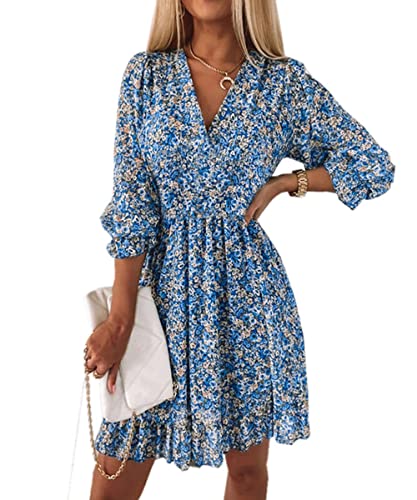 ABYOVRT Damen Sommerkleid Böhmen Kleider Beiläufig Frauenkleid Minikleid Swing Kurze Ärmel Strandkleider Freizeitkleider,Blau,L von ABYOVRT
