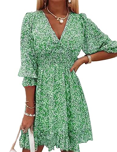 ABYOVRT Damen Sommerkleid Böhmen Kleider Beiläufig Frauenkleid Minikleid Swing Kurze Ärmel Strandkleider Freizeitkleider,Grün,M von ABYOVRT