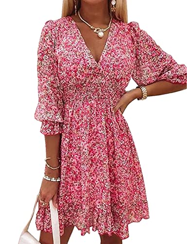 ABYOVRT Damen Sommerkleid Böhmen Kleider Beiläufig Frauenkleid Minikleid Swing Kurze Ärmel Strandkleider Freizeitkleider,Rot,L von ABYOVRT