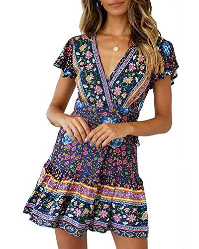 ABYOVRT Damen Sommerkleid Böhmen Kleider Beiläufig Frauenkleid Minikleid Swing Kurze Ärmel Strandkleider Freizeitkleider von ABYOVRT