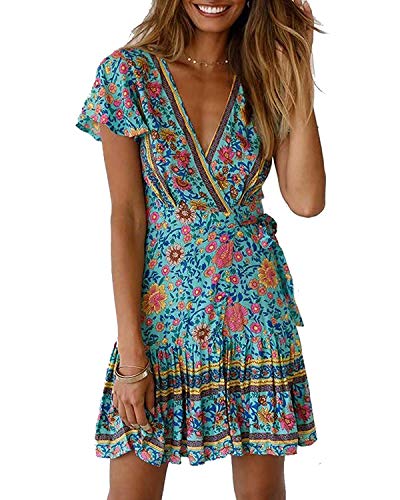 ABYOVRT Damen Sommerkleid Böhmen Kleider Beiläufig Frauenkleid Minikleid Swing Kurze Ärmel Strandkleider Freizeitkleider von ABYOVRT