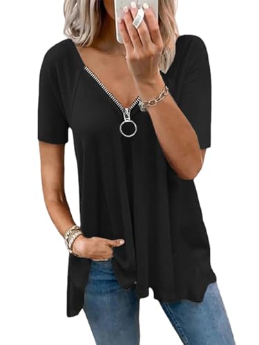 ABYOVRT Damen V-Ausschnitt Kurzarm Bluse Einfarbig Hemd Reißverschluss Casual Lose Baumwolle Tunika Tops Longshirt Hemd T-Shirt,Schwarz,XL von ABYOVRT