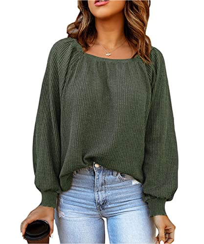 ABYOVRT Damen Waffelstrick Pullover Langarm Strickpullover Sweatshirt Tunika Shirt Lässig T-Shirt Quadratischer Kragen Casual Oberteile,Grün,L von ABYOVRT