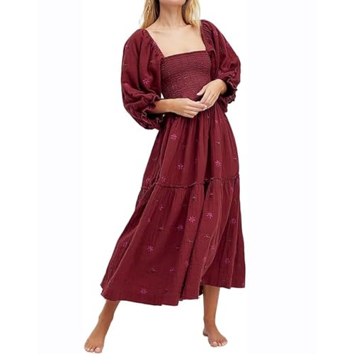 ABYOVRT Frauen Blumen bestickt Maxi Kleid Lange Puffärmel quadratischer Ausschnitt Bohemian Flowy Kleid mit Taschen gesmoktes Herbstkleid, Dunkelrot, Groß von ABYOVRT