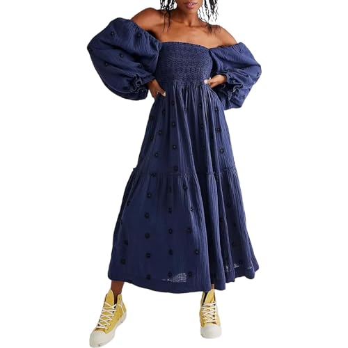 ABYOVRT Frauen Blumen bestickt Maxi Kleid Lange Puffärmel quadratischer Ausschnitt Bohemian Flowy Kleid mit Taschen gesmoktes Herbstkleid, Marineblau, Groß von ABYOVRT