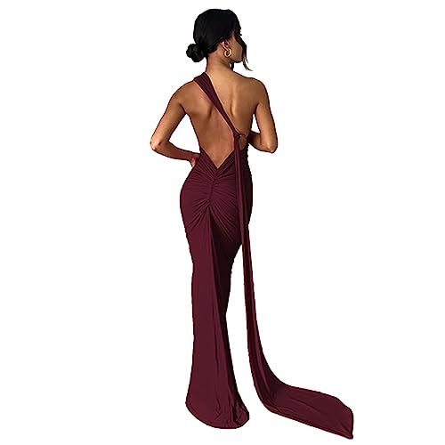 ABYOVRT Frauen Sexy Rückenfreies Kleid Bodycon Ärmellos Offener Rücken Maxikleid Ausgehen Elegant Party Cocktail Langes Kleid, B-Wine Rot, Klein von ABYOVRT