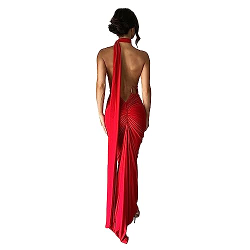 ABYOVRT Frauen Sexy Rückenfreies Kleid Bodycon Ärmellos Offener Rücken Maxikleid Ausgehen Elegant Party Cocktail Langes Kleid, B-red, Klein von ABYOVRT