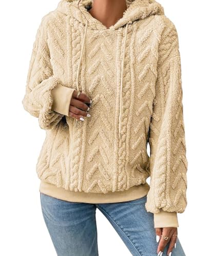 ABYOVRT Hoodie Damen Kapuzenpullover Oversize Langarm Casual Pullover Sweatshirt Teddyfleece Pulli Warm Herbst Winter Hoody Winterjacke Fleecejacke mit Tasche,Aprikose,L von ABYOVRT