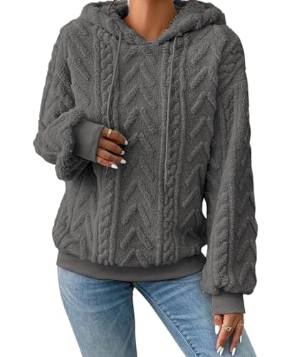 ABYOVRT Hoodie Damen Kapuzenpullover Oversize Langarm Casual Pullover Sweatshirt Teddyfleece Pulli Warm Herbst Winter Hoody Winterjacke Fleecejacke mit Tasche,Grau,M von ABYOVRT