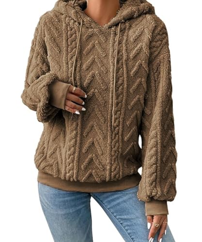 ABYOVRT Hoodie Damen Kapuzenpullover Oversize Langarm Casual Pullover Sweatshirt Teddyfleece Pulli Warm Herbst Winter Hoody Winterjacke Fleecejacke mit Tasche,Khaki,S von ABYOVRT