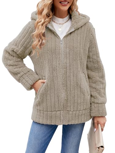 ABYOVRT Kapuzenjacke Damen Warm Mantel Teddy-Fleece Plüschjacke Hoodie Jacke mit Kapuze und Taschen Oversize Wintermantel Dicke Cardigan für Damen Kaputzenjacken Fleecejacke Outwear,Aprikose,XL von ABYOVRT